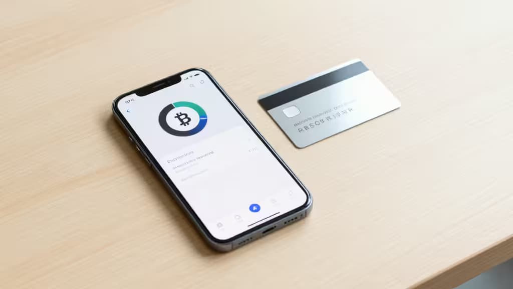 Smartphone affichant une application de portefeuille crypto posé à côté d'une carte métallique sur une surface en bois.