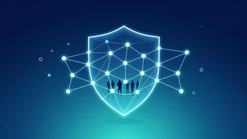 Glowing blue network shield protects silhouetted team members, symbolizing secure VPN connectivity for small business teams.