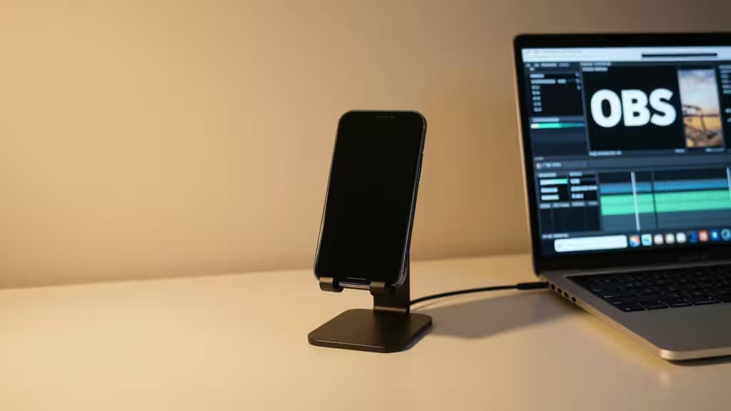 Un smartphone noir sur un stand connecté à un ordinateur portable affichant OBS, servant d'alternative économique au Stream Deck.