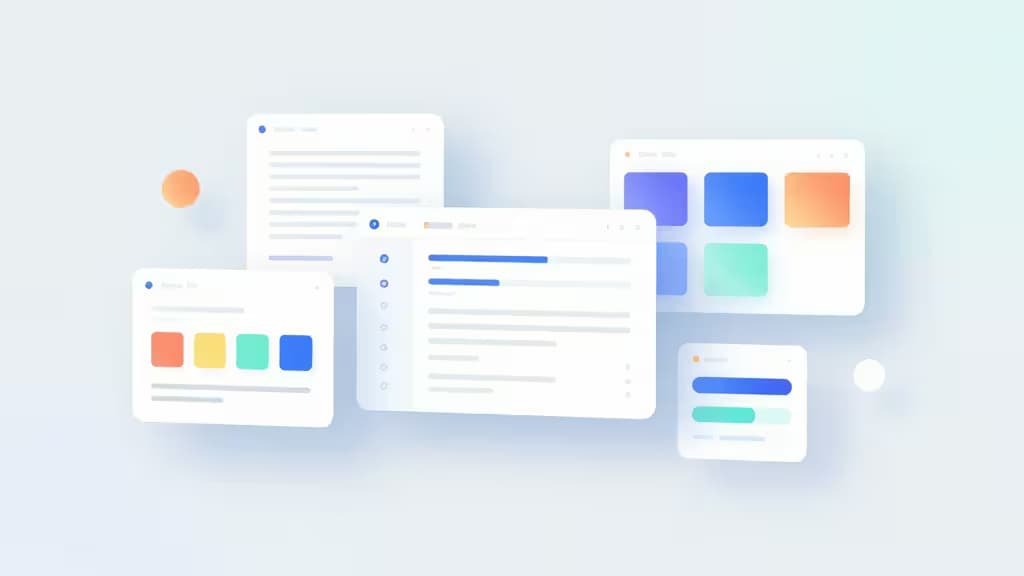 Floating UI mockups with colorful blocks and wireframes on a soft gradient background.