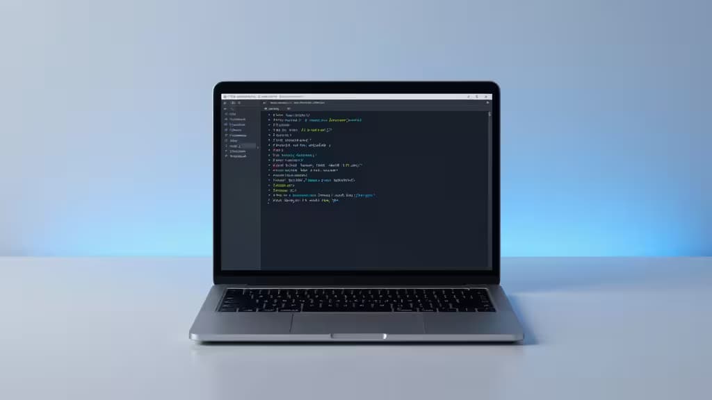 Minimalistischer Schreibtisch mit Laptop, der ein KI-Terminal zeigt – blaue Umgebungsbeleuchtung, abstrakte Tech-Atmosphäre