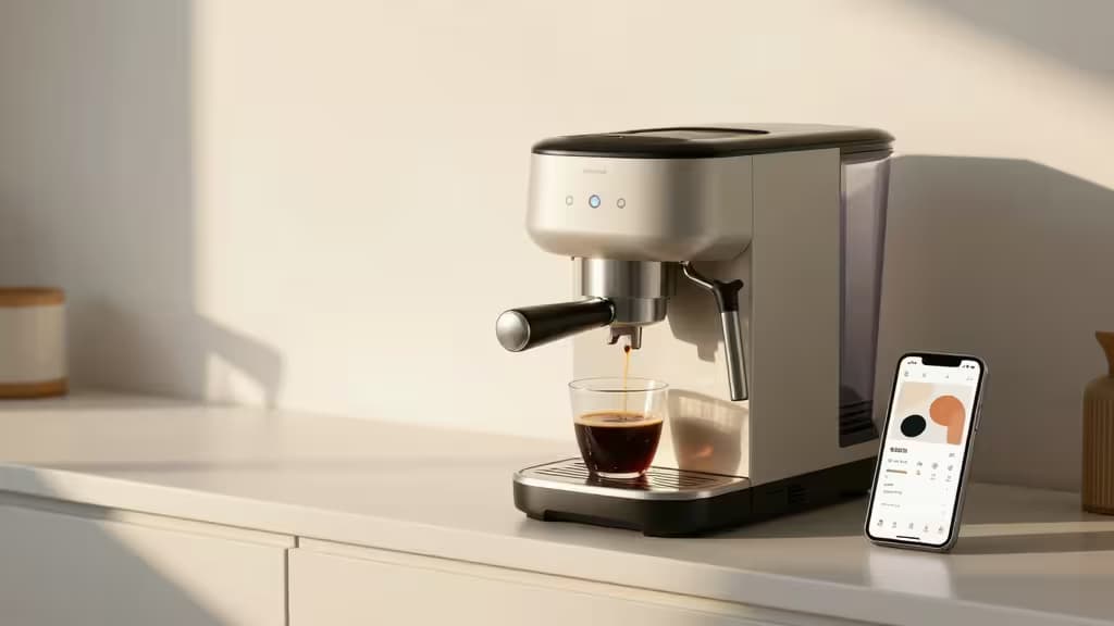 Moderne slimme keuken met koffiezetapparaat en smartphone-app bij zonsopgang