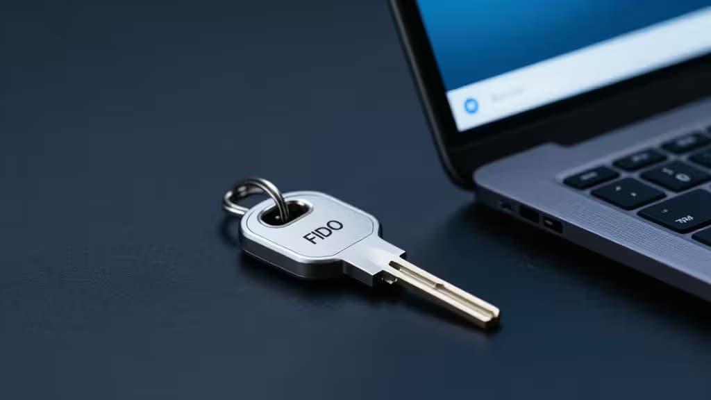 Clé de sécurité FIDO2 posée sur une surface sombre à côté d'un ordinateur portable affichant un écran de connexion à un gestionnaire de mots de passe