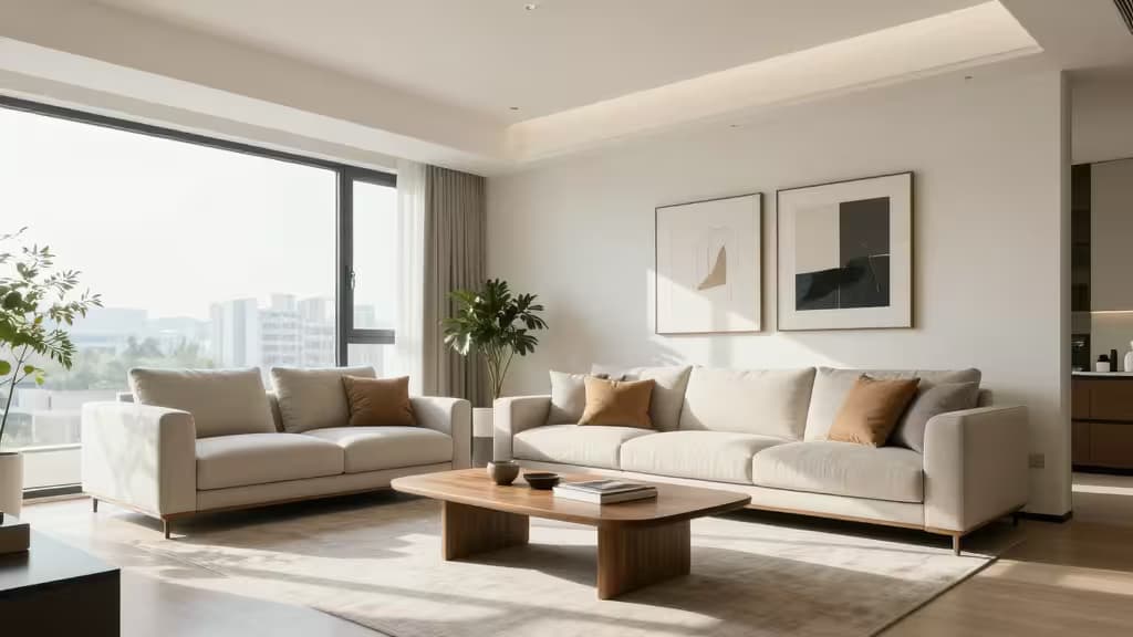 Sunlit living room features beige sofas, wooden coffee table, abstract art, and large windows.