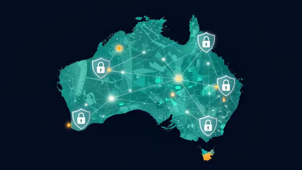 A teal map of Australia with shield icons and network lines, symbolizing secure VPN connections.