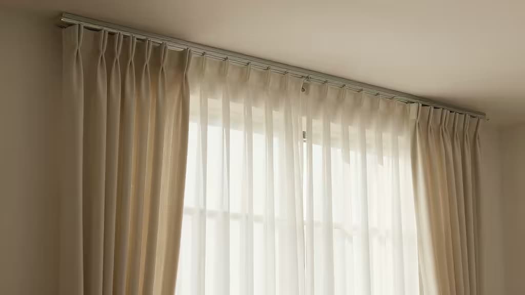Riel metálico plateado con cortinas translúcidas beige y blancas, demostrando funcionalidad de tratamiento de ventana automatizado para el hogar inteligente.