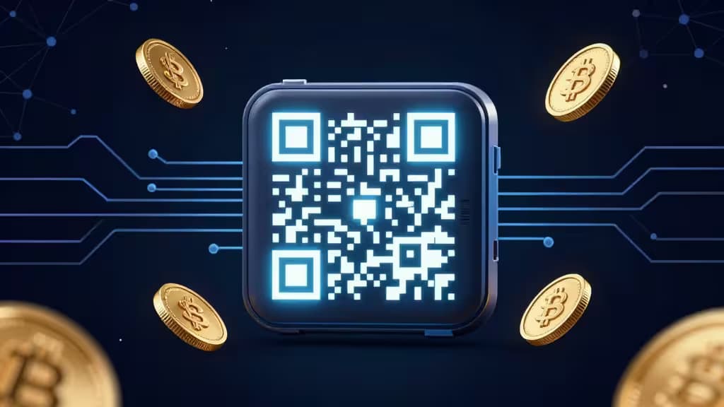 Abstracte voorstelling van cryptografische self-custody: een oplichtende hardware wallet met QR-codepatronen, omringd door gouden munten en digitale circuits op een donkerblauwe achtergrond met een blockchain-netwerk.