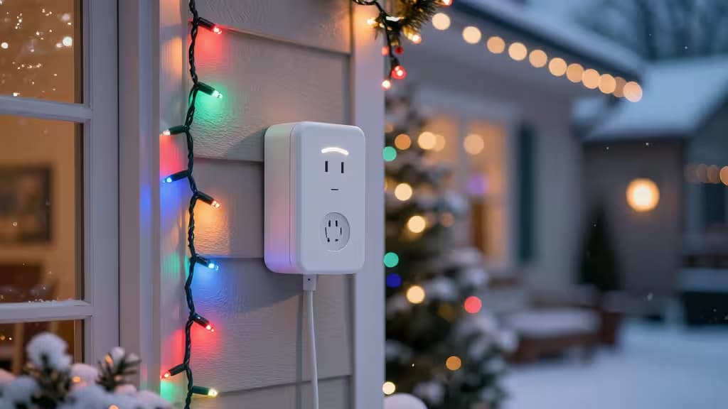 Tomada inteligente branca instalada em parede externa, alimentando luzes de Natal coloridas com fundo nevado.
