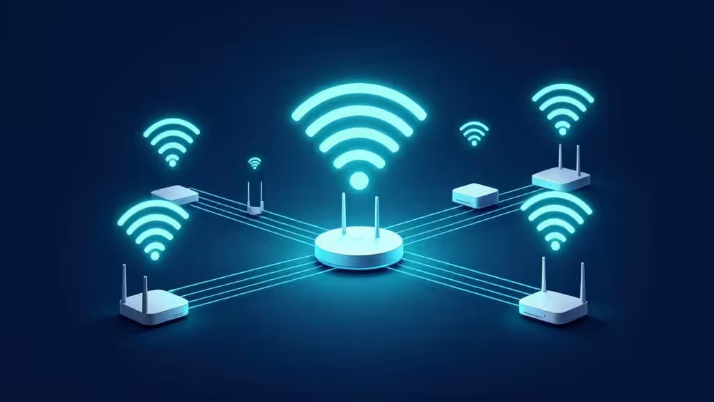 Illustration abstraite d'une maison connectée moderne avec des ondes WiFi lumineuses rayonnant à travers plusieurs pièces et des nœuds de routeur reliés par un réseau mesh.