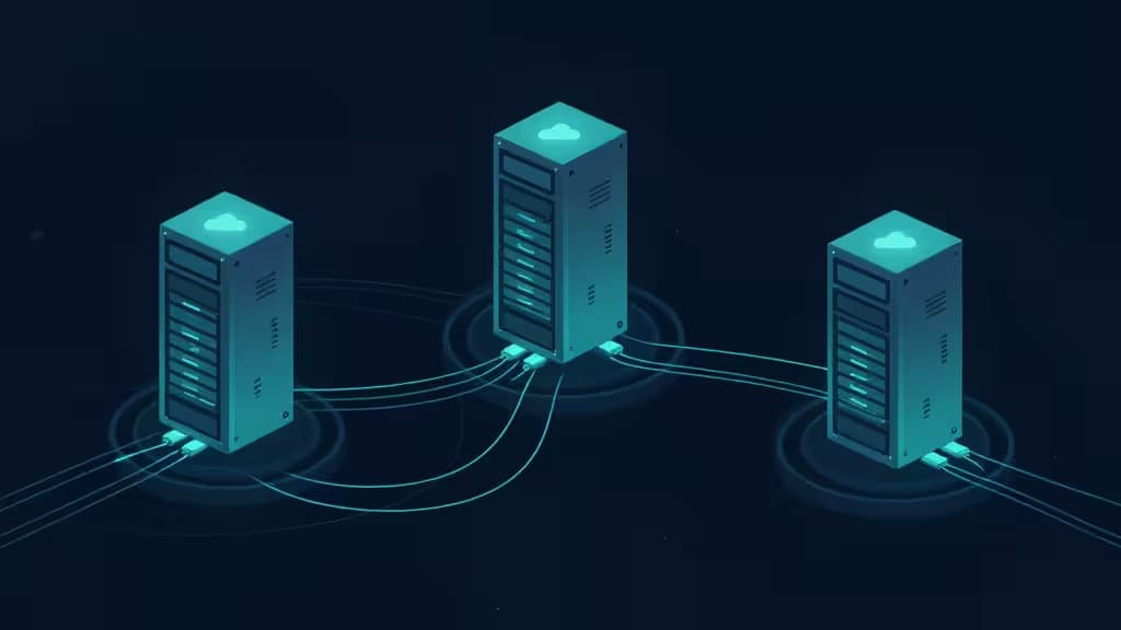 Drie gloeiende teal serverracks verbonden door lichtlijnen, als symbool voor schaalbare GraphQL-infrastructuur.