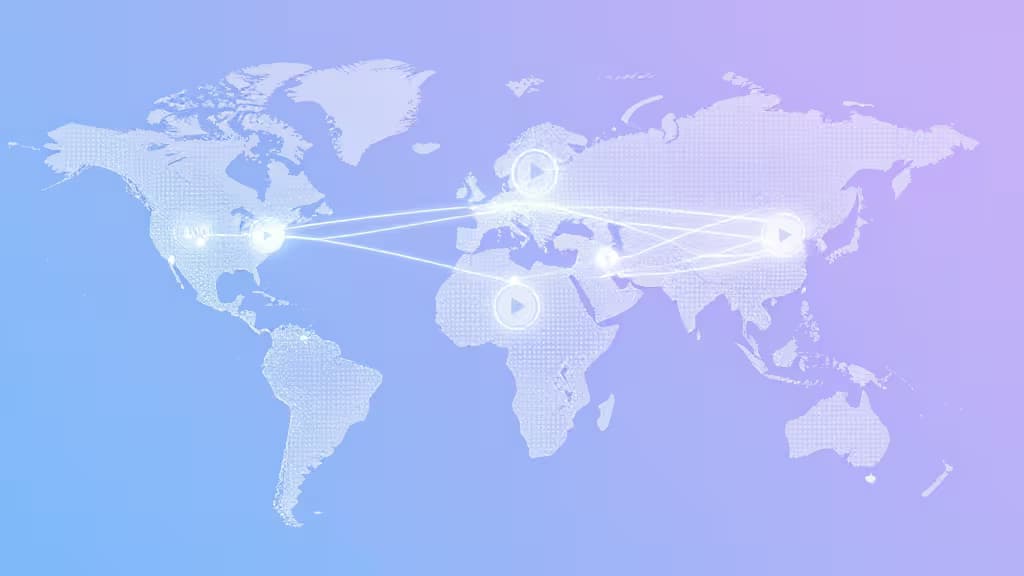 Une carte du monde avec des nœuds lumineux et des lignes de connexion symbolisant les outils de localisation vidéo IA globale.