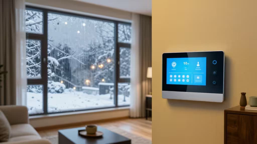 A sleek smart home control panel glows warmly against a mustard wall, overlooking a snow-blanketed window in a cozy living room.