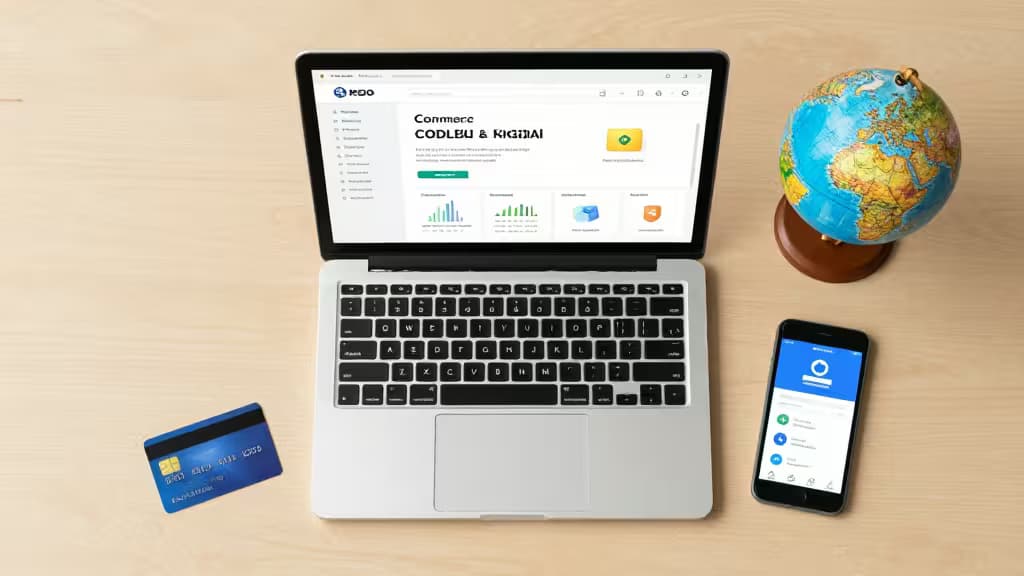 Laptop, smartphone, credit card, and globe on wooden desk for French dropshipping banking article.
