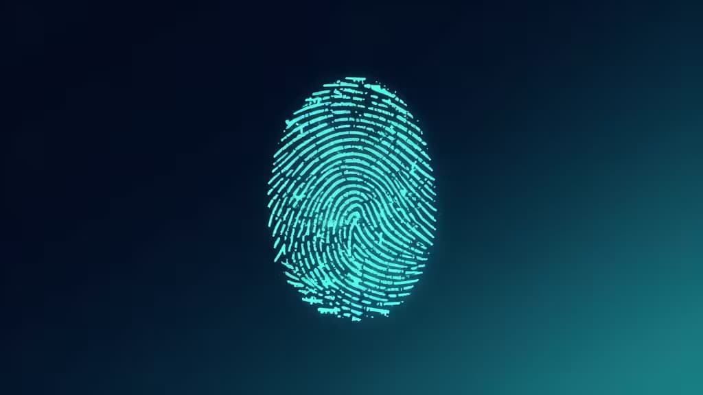 Glowing cyan digital fingerprint symbolizes biometric passkey security for password managers.