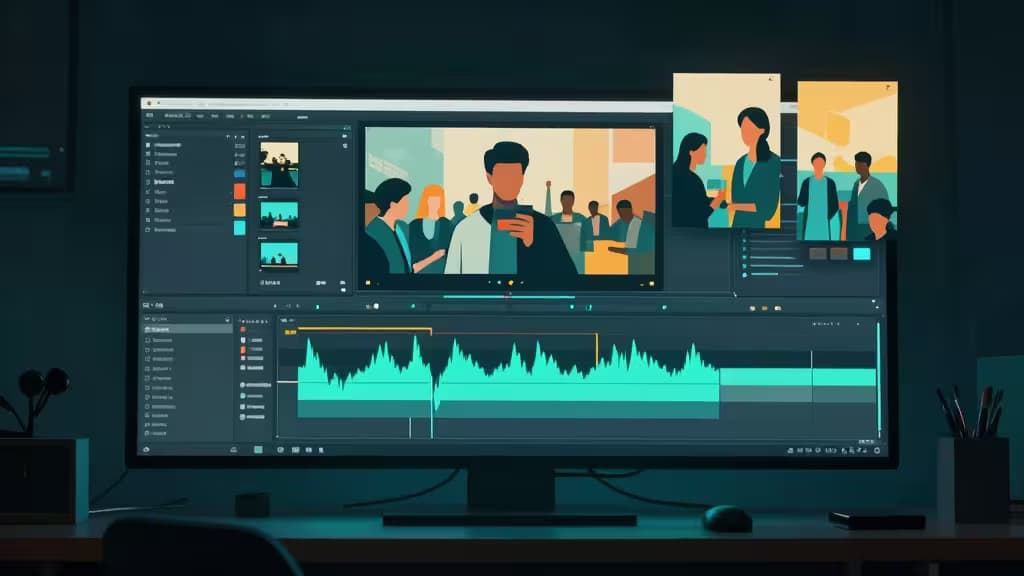 Un moniteur élégant affiche une timeline de montage vidéo professionnelle avec des visualisations de forme d'onde, entouré d'illustrations de personnages colorés.