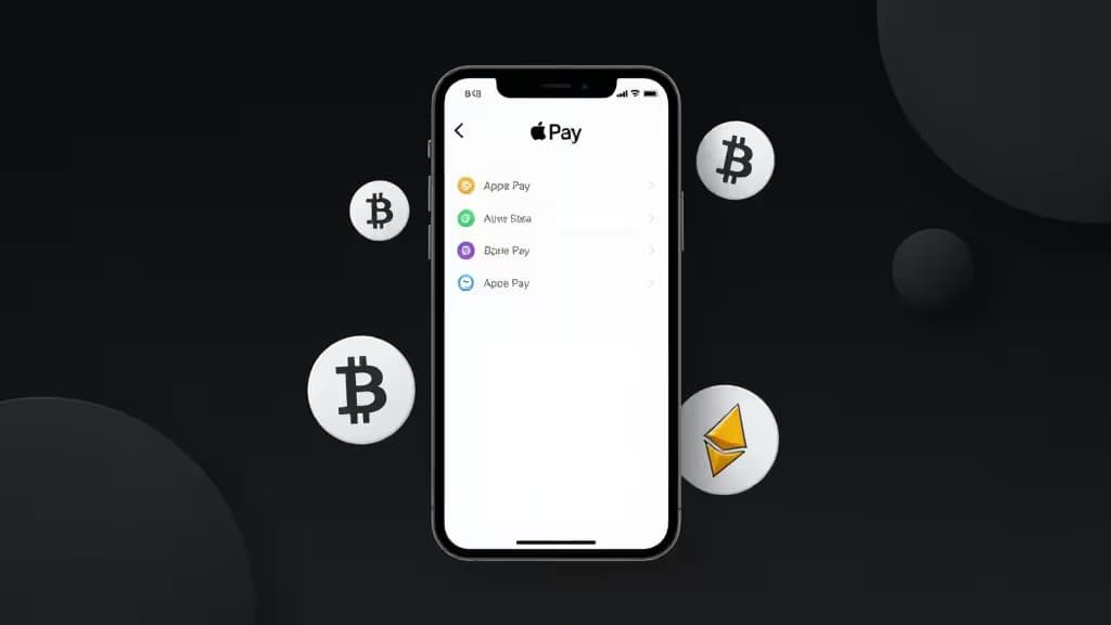 iPhone displays Apple Pay interface surrounded by floating Bitcoin and Ethereum tokens.