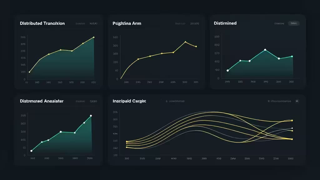 Abstract application performance monitoring dashboard with distributed tracing graphs and data flow visualizations on a dark background