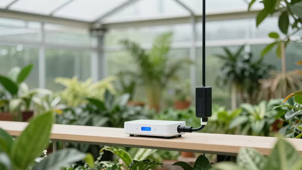 A white smart controller with a blue display sits on a wooden shelf in a lush greenhouse.