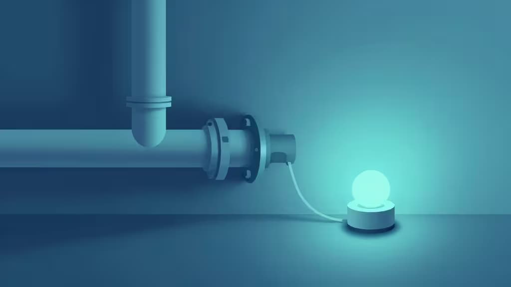 A glowing smart sensor on a basement floor monitors nearby water pipes for leaks or freezing risks.