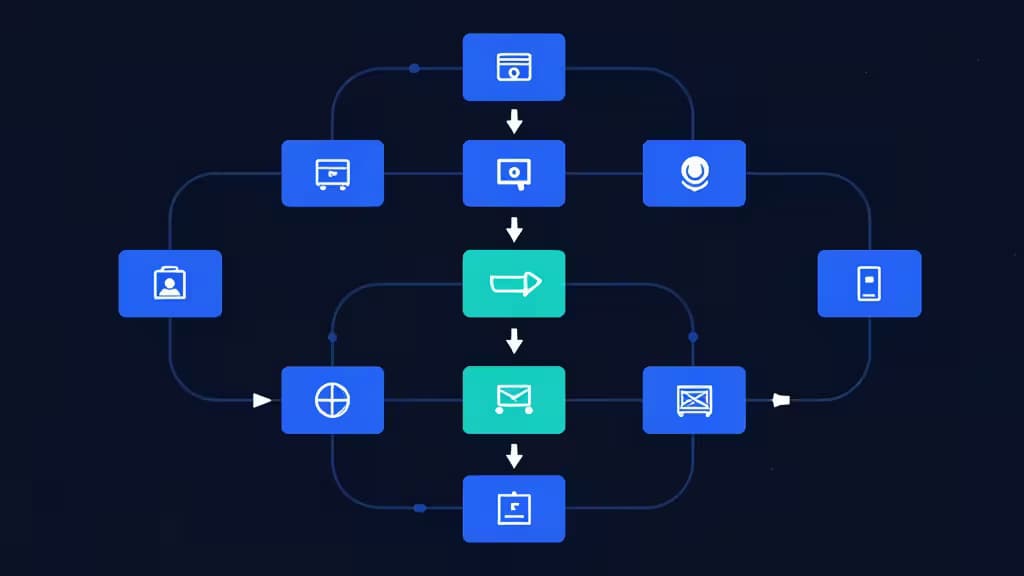 Abstract illustration of a Kubernetes-native CI/CD pipeline with interconnected nodes forming a DAG topology, container blocks, and deployment flow arrows in blue and teal on a dark background.