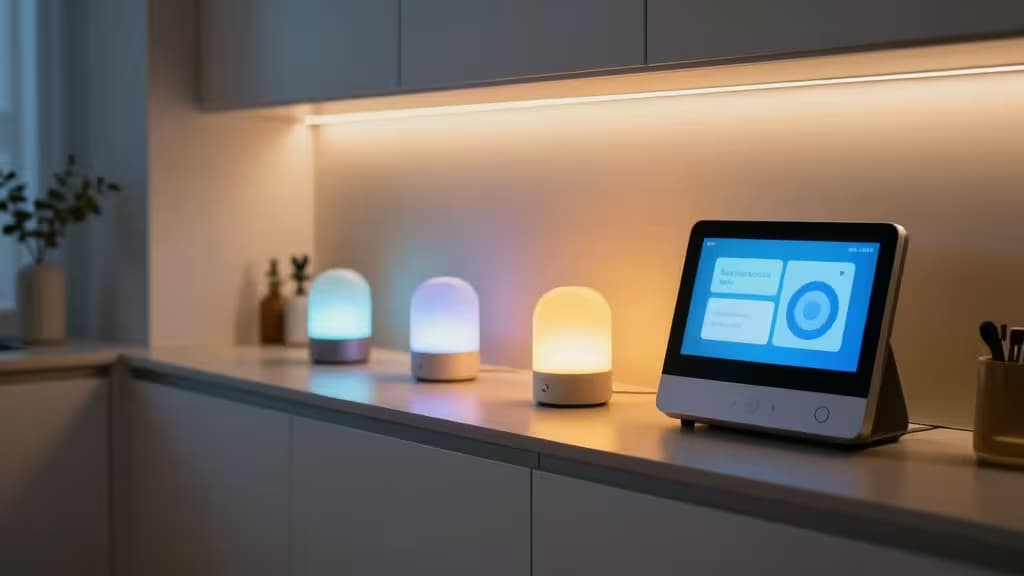 Smart display e luzes coloridas fornecem alertas visuais num balcão de cozinha elegante, melhorando a acessibilidade para utilizadores com deficiência auditiva.