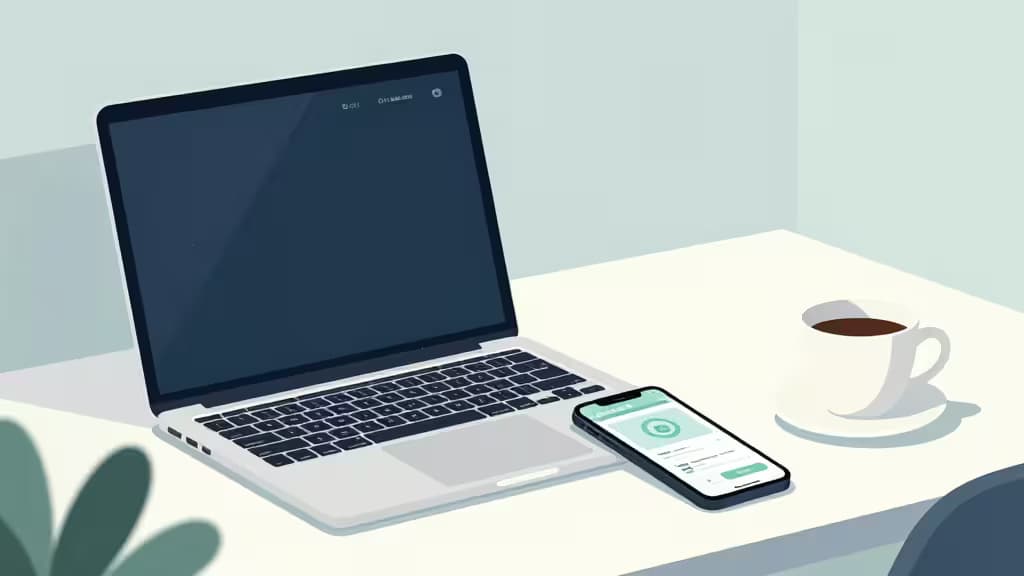 Ordinateur portable argenté et smartphone affichant une application bancaire posés sur un bureau blanc à côté d'une tasse de café.