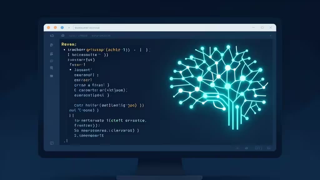 Glowing neural network tree overlays code editor, symbolizing AI analyzing GitHub diffs with abstract digital intelligence.