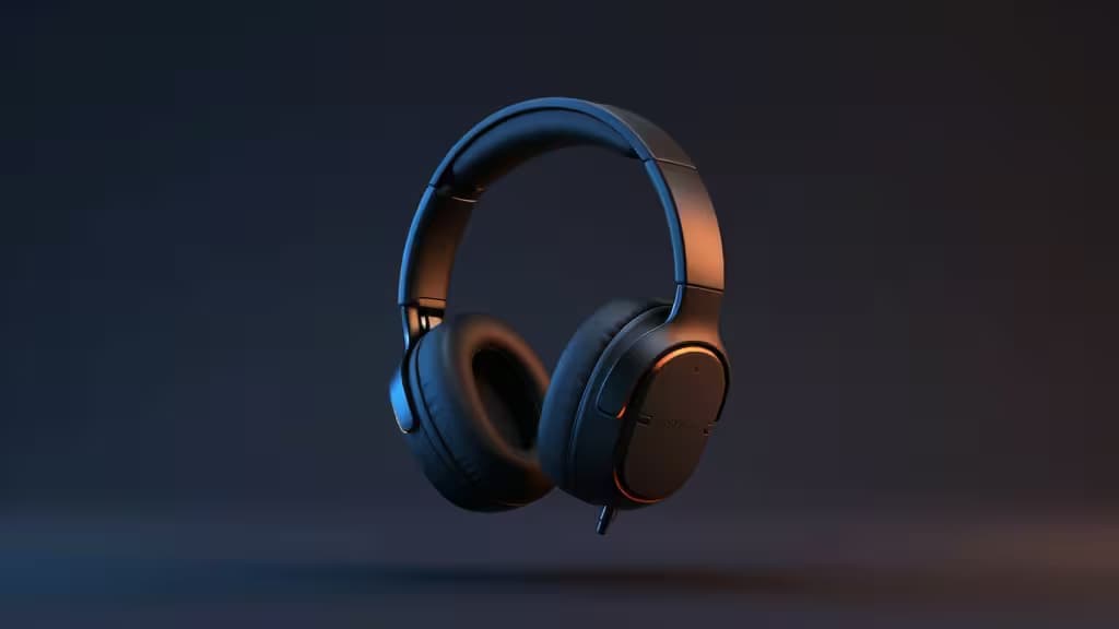 Black wireless PS5 headset floats against dark backdrop, illuminated by dramatic blue and orange rim lighting.