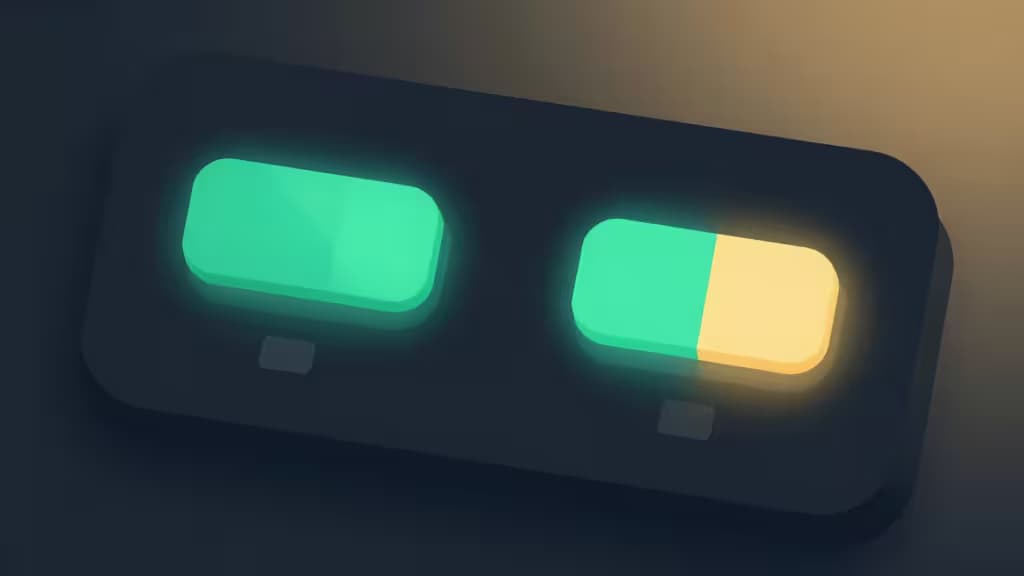 Zwei leuchtende, abstrakte Toggle-Switches auf dunklem Dashboard, eines grün, eines gelb-grün, symbolisieren Feature-Flag-Tools für kleine Teams.