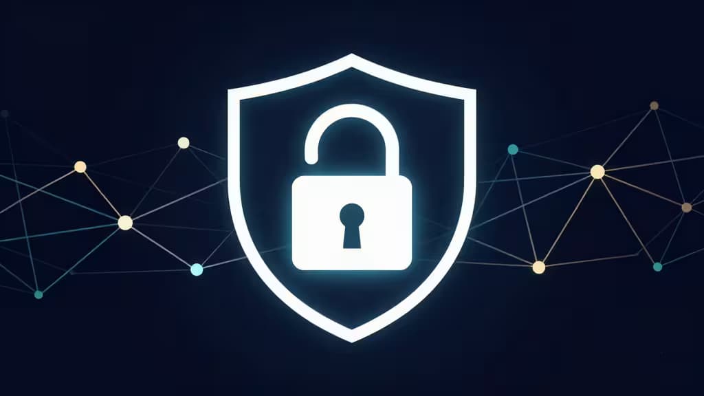 A glowing white padlock inside a shield, centered on dark blue, flanked by abstract network nodes symbolizing secure home VPN routing.