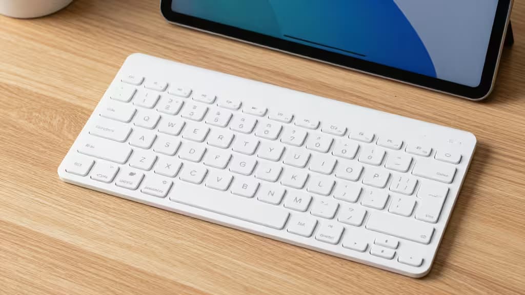 Teclado Bluetooth blanco y compacto sobre escritorio de madera junto a una tablet Android, opciones económicas bajo $50.