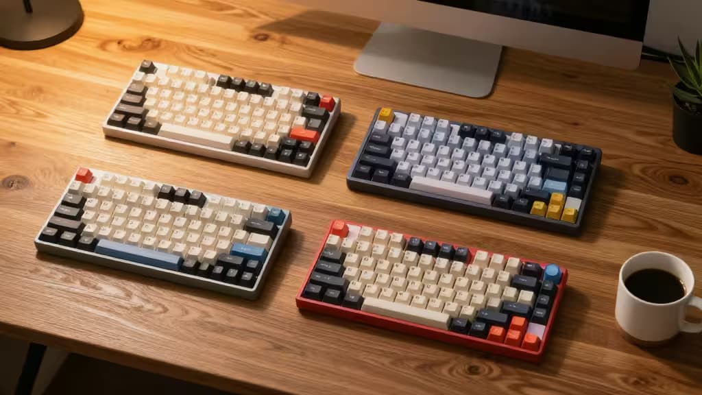 Four colorful mechanical keyboards arranged flat on a wooden desk, showcasing budget-friendly designs for beginners.