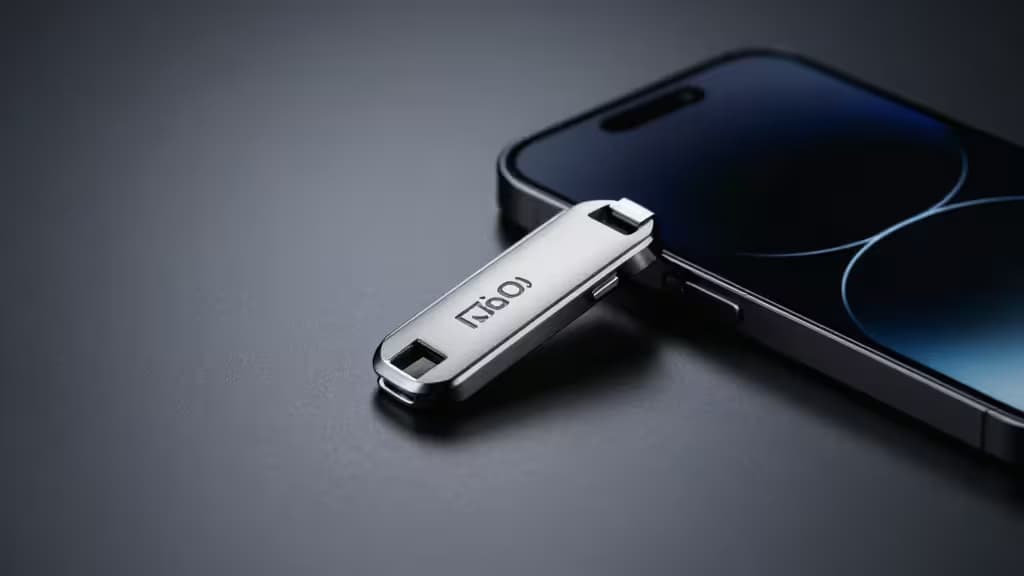 A silver YubiKey security key rests diagonally across a black iPhone on a dark gray desk surface.