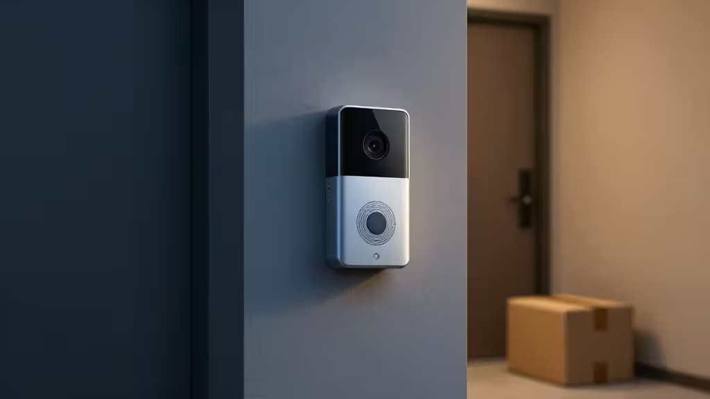 Nowoczesny dzwonek wideo smart home zamontowany na elewacji domu z paczką kurierską na progu, wieczorne ciepłe światło
