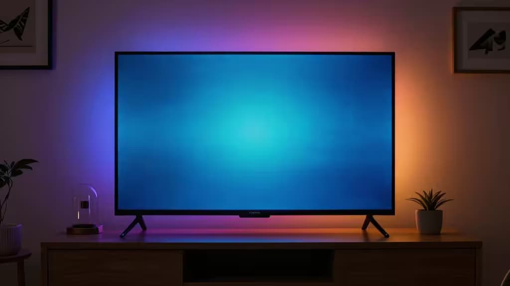 Tiras LED inteligentes proyectando tonos azules y naranjas vibrantes detrás de un televisor elegante sobre un mueble de madera.