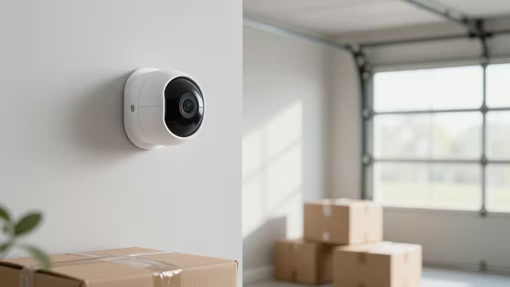Caméra de sécurité connectée montée à l'intérieur d'un garage, surveillant des colis de livraison posés au sol