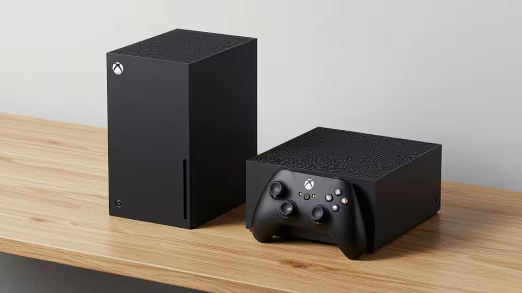 Black Xbox Series S and X consoles rest on a light wood surface with controller.