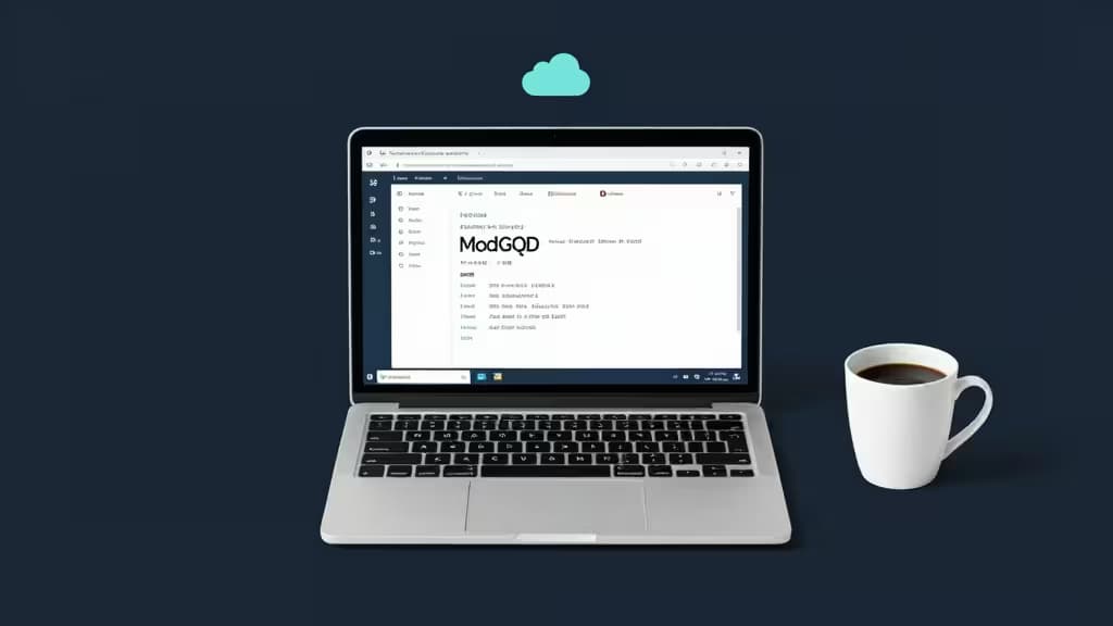 Laptop displays MongoDB migration tool interface beside coffee cup on dark surface.