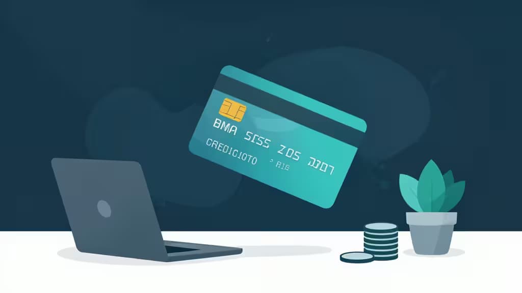 Teal credit card floats above laptop, coins, and succulent on white desk against dark blue background.