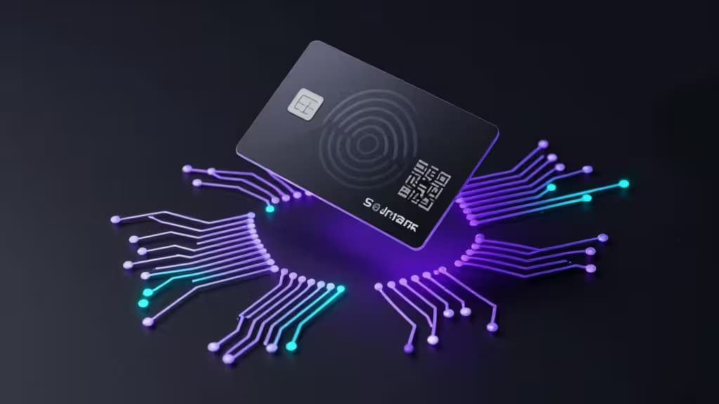 Eine schwarze Solana-Hardware-Wallet-Karte schwebt über leuchtenden lila Schaltkreisen auf dunklem Hintergrund.