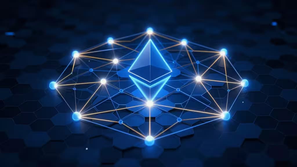 Red de nodos interconectados con resplandor azul sobre una malla hexagonal oscura, representando el restaking en Ethereum.