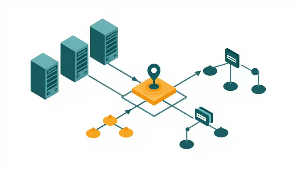 Ilustración isométrica abstracta de un pipeline CI/CD self-hosted con servidores, pods de Kubernetes y ramas Git conectados en etapas automatizadas