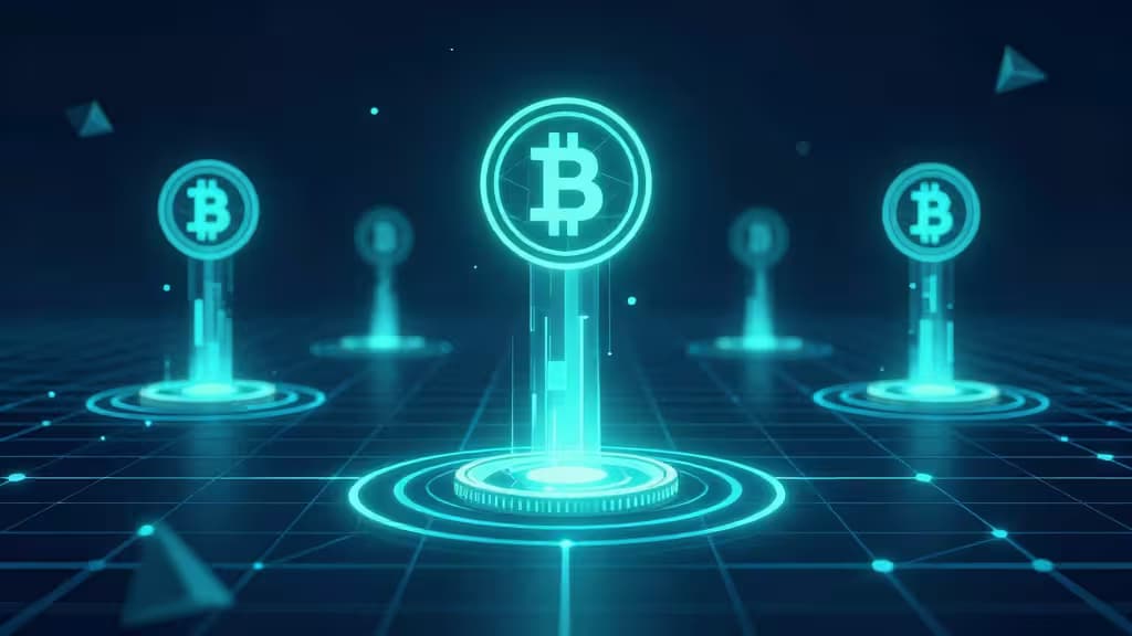 Glowing Bitcoin holograms rise from a digital grid, symbolizing early crypto token access across DEXs and exchanges in 2026.