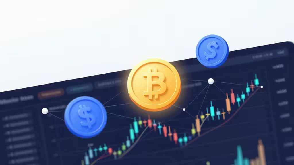 Glowing gold Bitcoin and blue dollar coins float above a rising crypto trading chart on a dark screen.