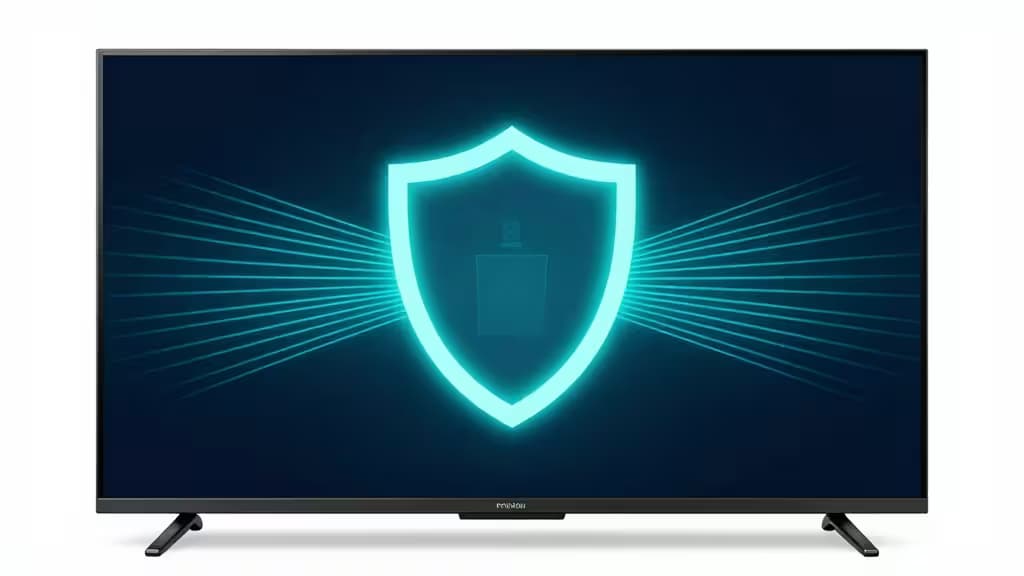A black flat-screen TV displays a glowing cyan shield icon with radiating lines on a dark blue background, symbolizing secure streaming.
