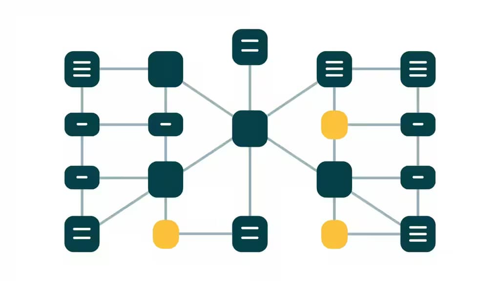 Illustrazione astratta di un sistema di background job processing per Node.js: nodi interconnessi e code di task che fluiscono attraverso un'architettura server minimale, palette teal scuro e ambra.