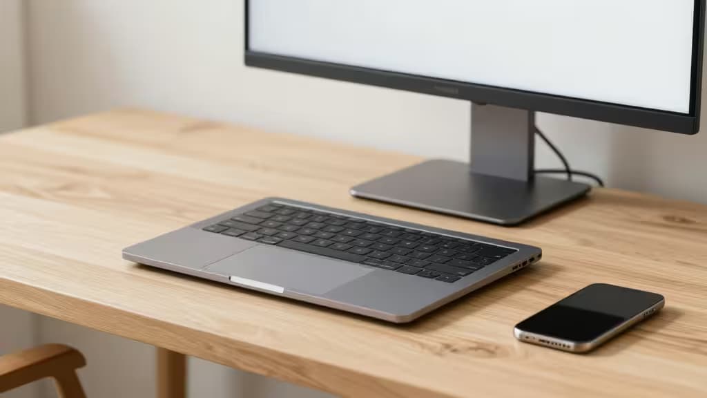 Un portátil elegante y un smartphone descansan sobre una mesa de madera clara junto a un monitor portátil.