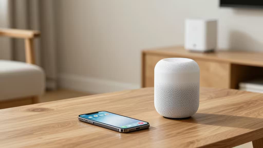 Белый HomePod mini и iPhone на светлом деревянном журнальном столике в современной гостиной