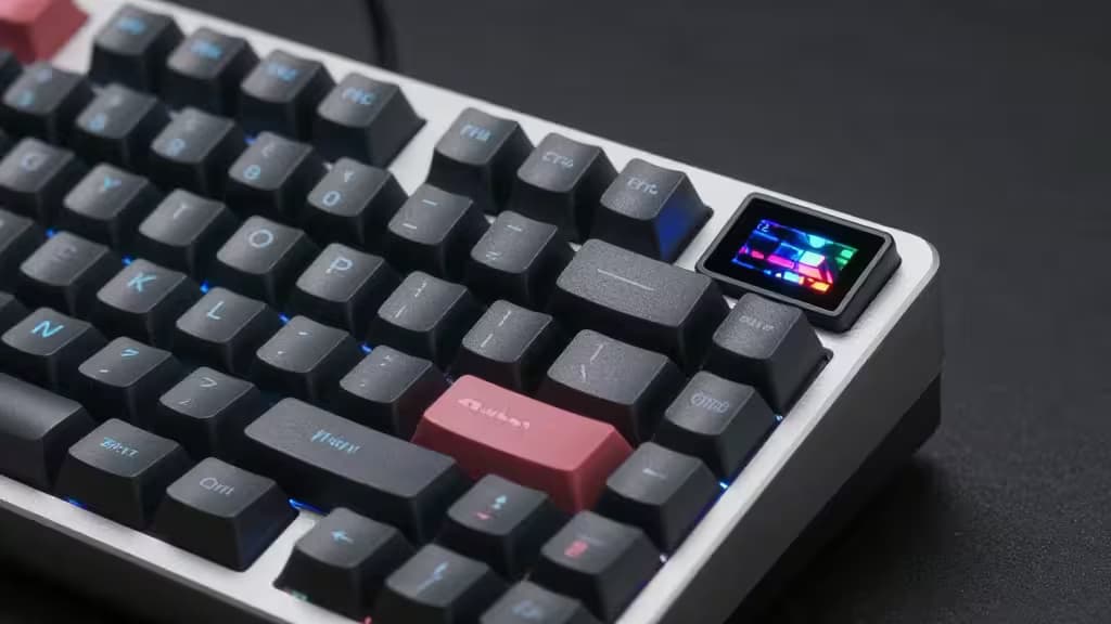 Silberne Aluminium-Tastatur mit lebendigem OLED-Display und roter Akzenttaste — Premium-Design im Budget-Rahmen.