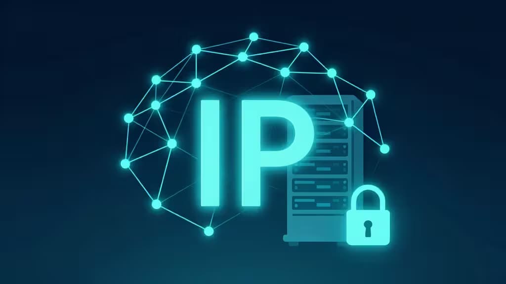Illustrazione astratta di un nodo IP dedicato su rete sicura, con sfondo blu scuro e dettagli in teal, simbolo di un lucchetto integrato in un server.